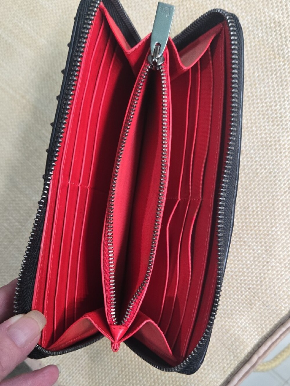 Christian Louboutin Black Leather Spike Zip Wallet with Red Pull - Picture 11 of 14